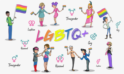 Fototapeta premium lgbtq community happy hugging young people covered with an lgbt rainbow flag flat editable
