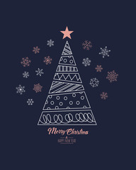 Modern greeting card Merry Christmas background. Vector illustration with Christmas tree and snowflakes. The colors copper pink, white and navy blue.