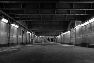 dilapidated railway station in black and white, Dirty hall in the train station, dilapidated Train...