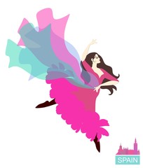 Naklejka na ściany i meble Passion flamenco. Spanish dancer with a flying shawl isolated on white background. Vector illustration.