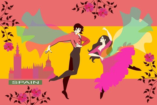 Beautiful Spanish couple dancing flamenco on a city street. Stylized spanish flag background. Blooming branches, silhouettes of buildings. Vector illustration.