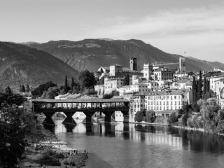 the old wooden bridge spans the river brenta at the romantic village Basano del Grappa