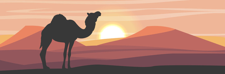 Silhouette. One-humped camel in the desert with sand dunes. Wildlife of Africa. Sahara Desert. Realistic Vector Landscape - obrazy, fototapety, plakaty