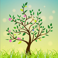 Abstract tree with green leaves, flowers on a colorful and sunny background.
