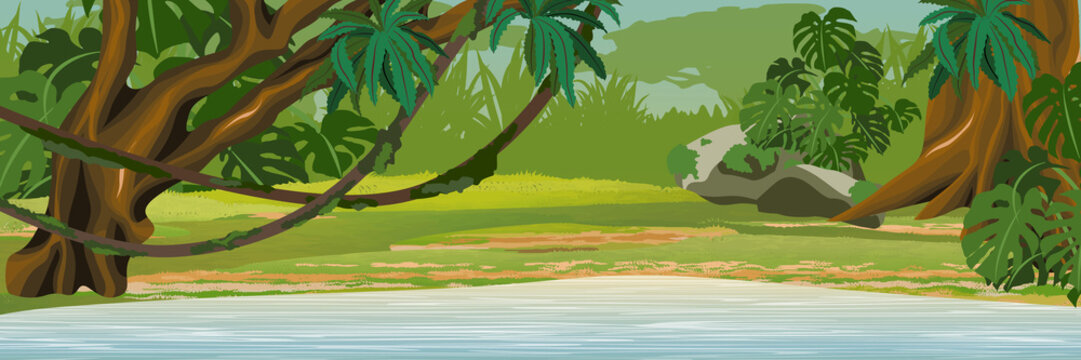  Lake in the jungle. A tropical forest. Rainforests of Amazonia. Tree, epiphytic ferns, creepers, banana trees and monsteras. Realistic Vector Landscape