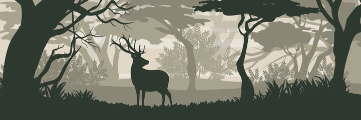 Silhouette. Wild deer reindeer in dense deciduous forest. Realistic Vector Landscape