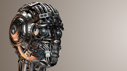 Robot head or extremely detailed cyborg face. Isolated. 3D Render.