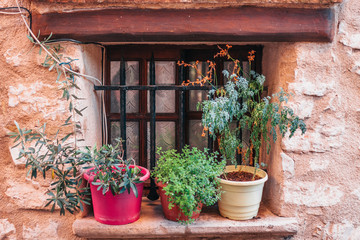 Fototapeta na wymiar Metal grill on the window in an old stone house with a flower pot on the windowsill