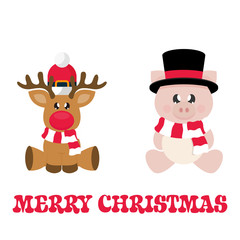 winter cartoon pig with scarf in hat sitting and сhristmas deer with christmas text