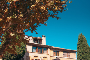 View of the old stone house through a high densely overgrown fence