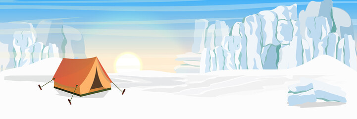Tent to the north. Extreme tourism in the North. The glacier and the snow-covered plain. Vector landscape of the Arctic, Antarctic or Greenland