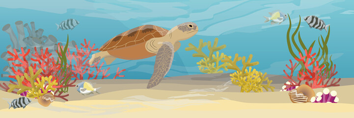 Green sea turtle swims under water. Tropical underwater landscape. The bottom of the coral reef with exotic fish, corals, sea sponges, sand and stones. Vector illustration of a sea life © AnnstasAg