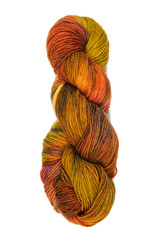 A skein of colored threads for knitting from wool isolated on a white background. View from above.