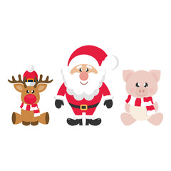 winter cartoon pig with scarf sitting and сhristmas deer and cartoon santa claus