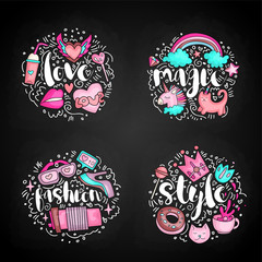 Colored Set of teenage girl icon concept, cute cartoon teen objects, fun stickers design vector with lettering love, magic, fashion, style icons. Doodle icon set with round decoration on black
