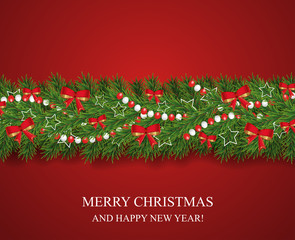 Christmas and happy New Year garland and border of realistic looking Christmas tree branches decorated with red bows, white stars and beads. Horizontal vector
