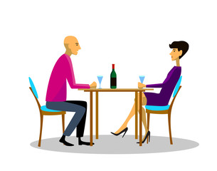 Romantic couple sitting in cafe - sharing a bottle of wine. Man and woman in a restaurant. Vector illustration