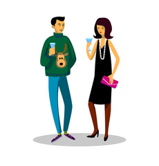 Man and a woman standing talking at a party. Drink alcohol from glasses.Corporate parties flat colorful illustrations set.