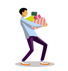 A man carries a lot of gifts in boxes. Bright gift boxes. Flat colorful vector illustration.