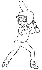 Obraz premium Full length line art illustration of competitive and confident boy smiling while holding the baseball bat during match against white background for copy space.