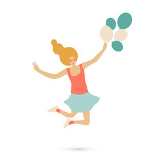 Vector illustration. Woman character jumping in sun glasses in a modern flat style with ballons. Walking girl
