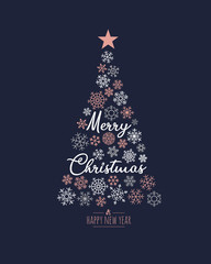 Fototapeta na wymiar Modern greeting card Merry Christmas background. Vector illustration with Christmas tree elements snowflake. The colors rose gold, white and navy blue.