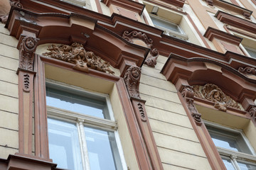 Close-up ornate window of old building in Prague, Czech Republic.