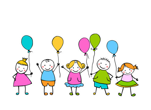 Friends. Boys and girls with balloons. Little people in children style