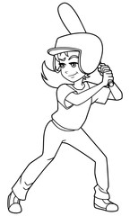 Full length line art illustration of competitive and confident girl smiling while holding the baseball bat during match against white background for copy space.