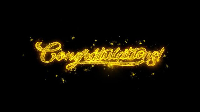 Congratulations Typography Written with Golden Particles Sparks Fireworks Display 4K. Greeting card, Celebration, Party Invitation, calendar, Gift, Events, Message, Holiday, Wishes Festival 