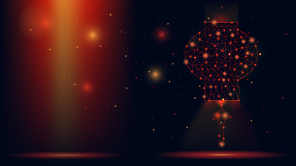 Abstract vector wireframe Chinese lantern . 3d modern illustration on dark red background. Low polygonal mesh art looks like constellation night sky with dots and stars. bright light from particles. © Ra