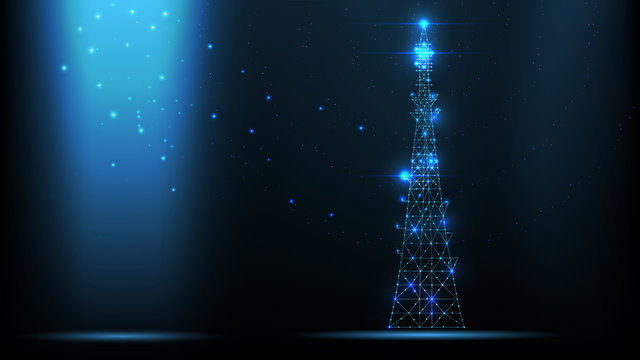 Abstract vector wireframe telecommunications signal transmitter, radio antenna tower from lines and triangles, point connecting network on dark background. Illustration vector.