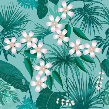 Vector tropical seamless pattern in Quetzal Green colors.