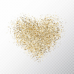 Glitter golden hearts isolated on transparent background. Gold glowing heart banner with star dust. Magic particles. Bright sparkles heart. Holiday luxury design. Vector illustration