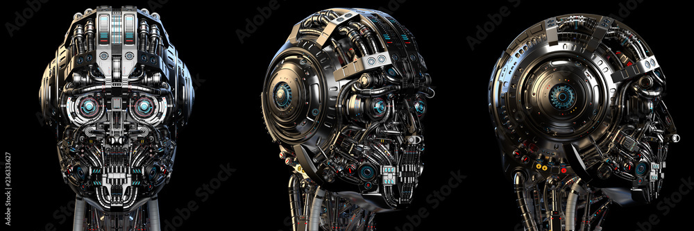 Poster robot head or very detailed cyborg face. set of three different angles. isolated on black background
