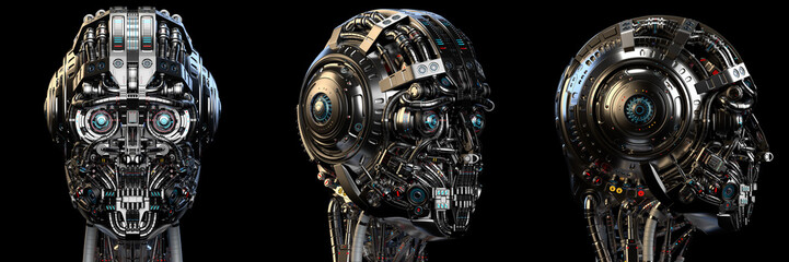 Robot head or very detailed cyborg face. Set of three different angles. Isolated on black background. 3D Render. - obrazy, fototapety, plakaty