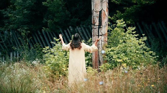 An ancient Slavic pagan city built of wood, excellent scenery for a historical film, old wooden churches and houses, an orthodox cross, summer time, no people in the frame, old Kiev