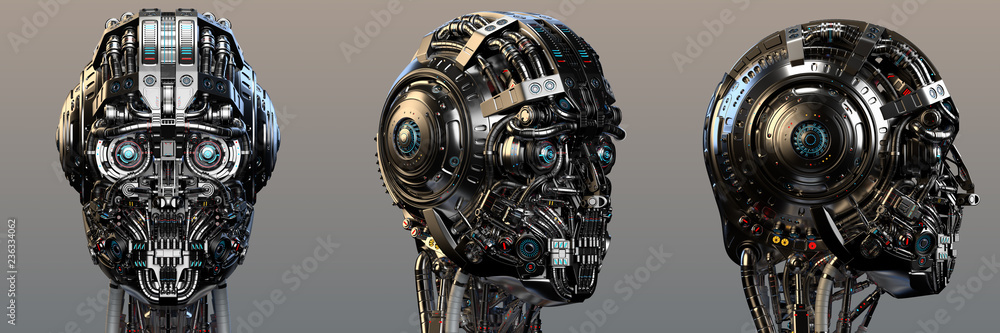 Aufkleber robot head or very detailed cyborg face. set of three different angles. isolated. 3d render.