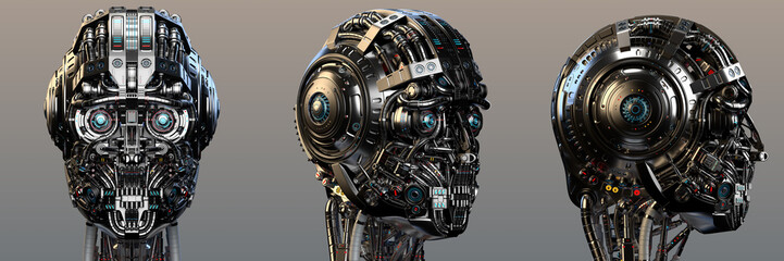 Robot head or very detailed cyborg face. Set of three different angles. Isolated. 3D Render. - obrazy, fototapety, plakaty