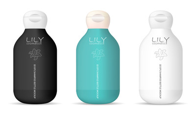 Round cosmetic bottles pack for shampoo, gel, soap and other liquid products. 3d vector mockup packaging design.