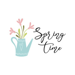 Typography quote spring Vector text Spring time decorated hand drawn watering can flowers