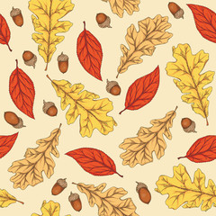 Seamless Pattern with Autumn Leaves and Acorns