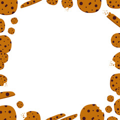 Cute cartoon style vector card template, frame, border with chocolate chips cookies.