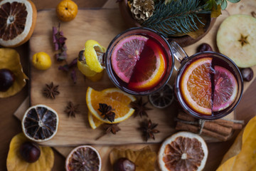 Delicious Christmas mulled wine with orange, lemon zest, cinnamon and anise