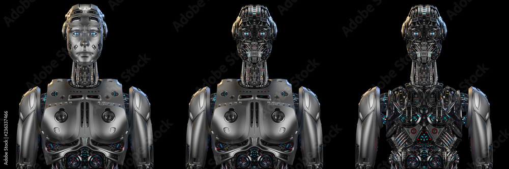 Poster frames collage or set of futuristic robot man or extremely detailed cyborg. three different front vi