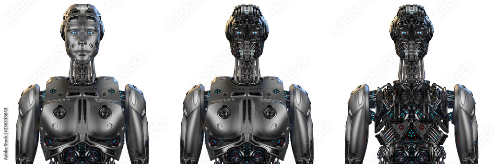 Poster frames collage or set of futuristic robot man or extremely detailed cyborg. three different front vi