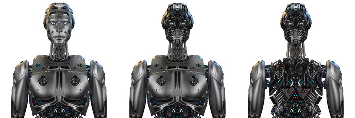 Frames collage or set of futuristic robot man or extremely detailed cyborg. Three different front views of the upper body. Isolated on white background. 3D Render.