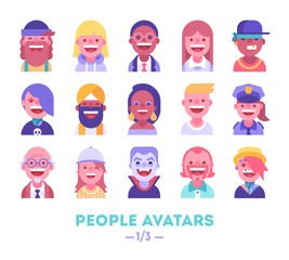 Set of vector avatars. Different skin tones, clothes and hair styles. Modern and clear flat style. Part 1 of 3. 
