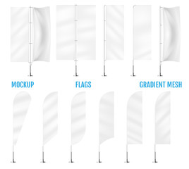 White textile banner flags. Banner flag mockups set. Set of vector advertising mockups. - obrazy, fototapety, plakaty