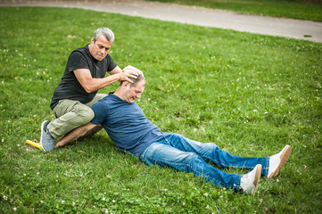 Gun point. Kapap instructor demonstrates self defense techniques against threat